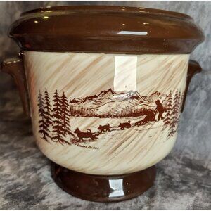 Vintage Mugs & Jugs Crock/Planter With Alaskan Sled Dog Scene Brown & Cream